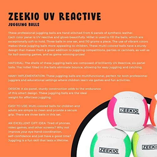 Zeekio Lunar Juggling Balls showcasing the bright ultraviolet reactive blue panels under a dark blacklight.