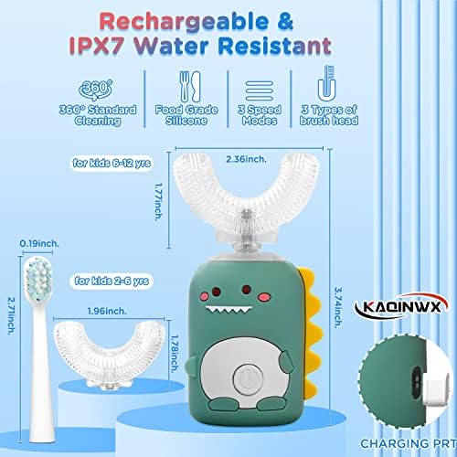 KAQINWX dinosaur electric toothbrush package showing the handle, three replacement brush heads, and USB charging cable.