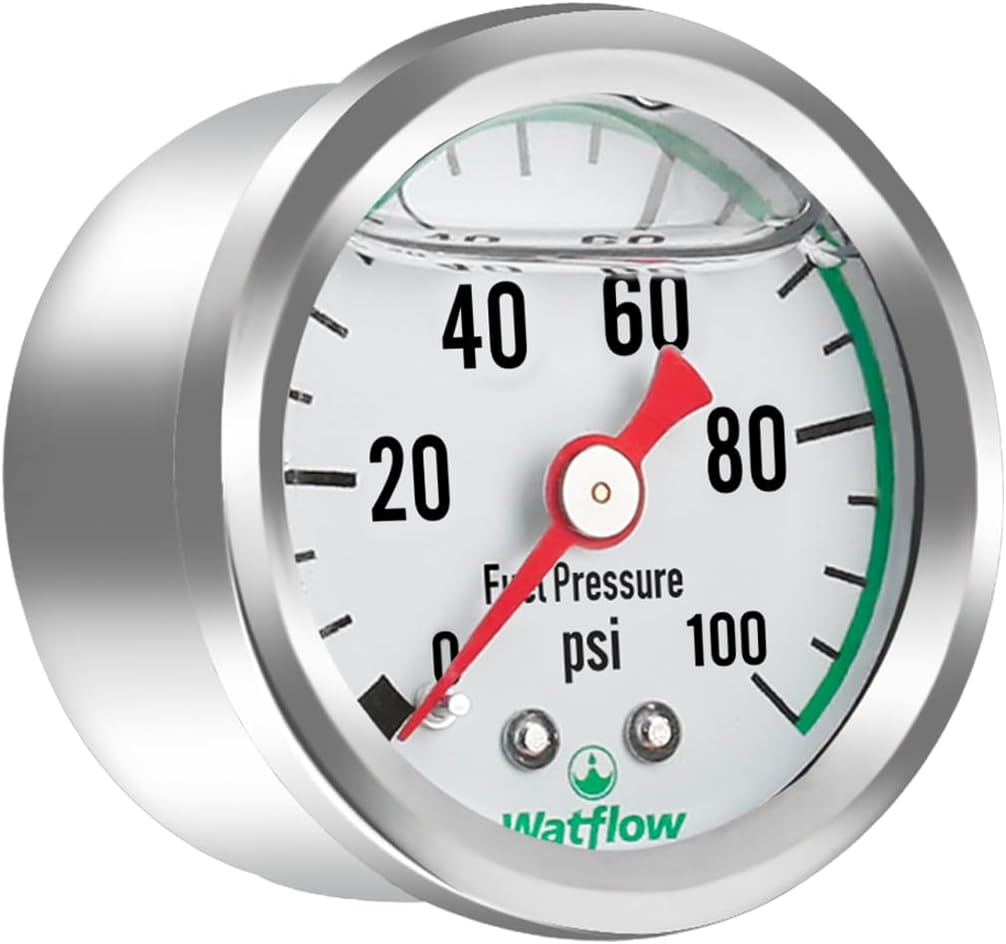 Watflow liquid filled fuel pressure gauge front view showing dial and pointer