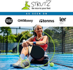 Demonstration of Strutz arch supports being worn barefoot for home relief