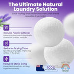 Extra large reusable New Zealand wool laundry balls displayed alongside lavender and ocean essential oil blends.