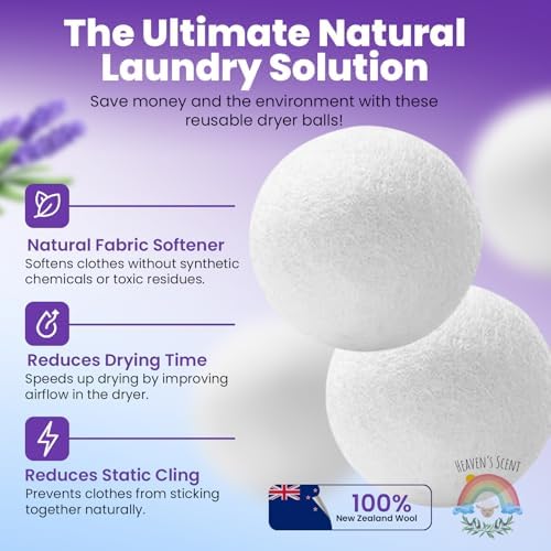 Extra large reusable New Zealand wool laundry balls displayed alongside lavender and ocean essential oil blends.