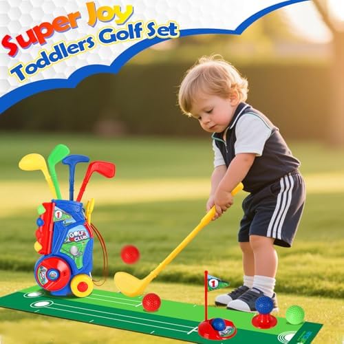 Toddler playing with Super Joy golf clubs on putting mat