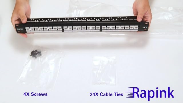 Complete package contents of Rapink patch panel including back bar screws and zip ties