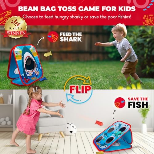 Children playing with Swooc Games shark themed bean bag toss