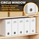 SpaceAid linen closet organizer showing the removable label card feature for easy bedding identification