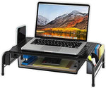 Heavy duty black powder coated steel monitor riser with sliding document tray pulled open.