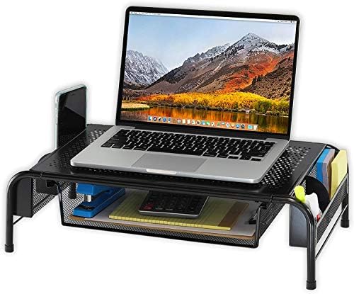 Heavy duty black powder coated steel monitor riser with sliding document tray pulled open.