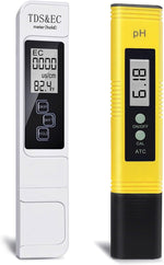 GuDoQi water tester front view showing digital LCD display and control buttons.