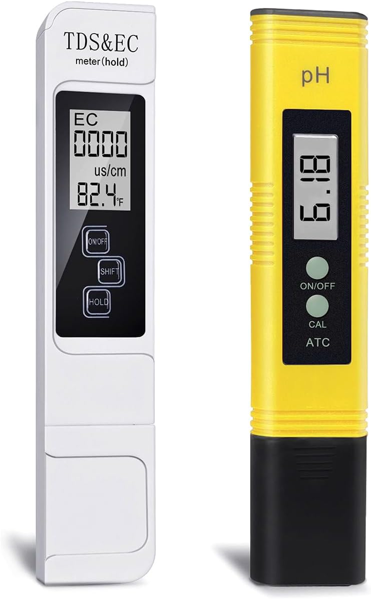 GuDoQi water tester front view showing digital LCD display and control buttons.