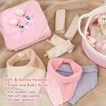 Glowsprout pink woven cotton rope basket with plush toy and hand rattles displayed