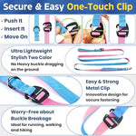 Lightweight pink and blue reflective dog waist leash close-up highlighting the secure adjustment clip.