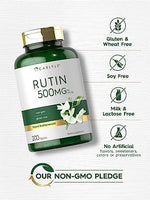 Close up view of Carlyle Rutin 500mg vegetarian tablets outside the bottle