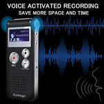 Aomago digital voice recorder connected to a laptop via USB cable displaying simple plug and play file transfer.