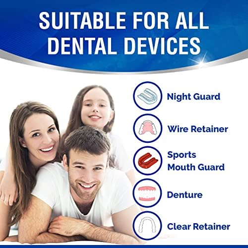Clear aligner soaking in blue effervescent Dental Duty cleaning solution