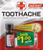 Red Cross Toothache Kit showing included metal tweezers and cotton pellets for cavity application.