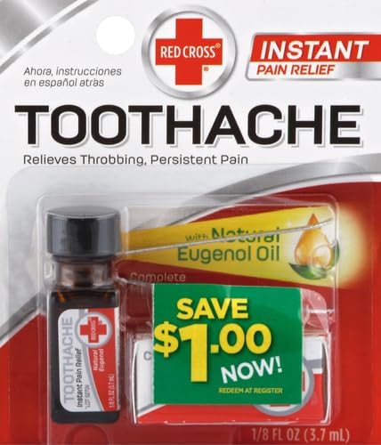 Red Cross Toothache Kit showing included metal tweezers and cotton pellets for cavity application.
