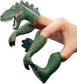 AQKILO novelty toy set showing five pieces of PVC dinosaur puppets displayed on a flat surface.