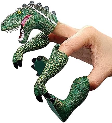 AQKILO novelty toy set showing five pieces of PVC dinosaur puppets displayed on a flat surface.