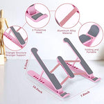 Folded pink aluminum adjustable notebook riser showing compact portable profile