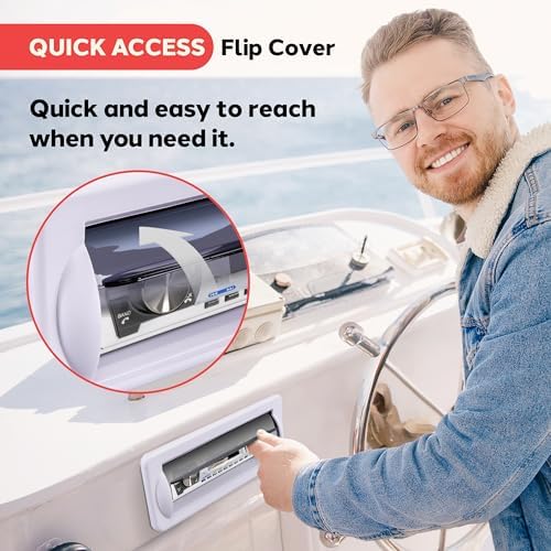 Pyle PLMRCW2 marine radio cover open door view displaying the internal single DIN stereo space