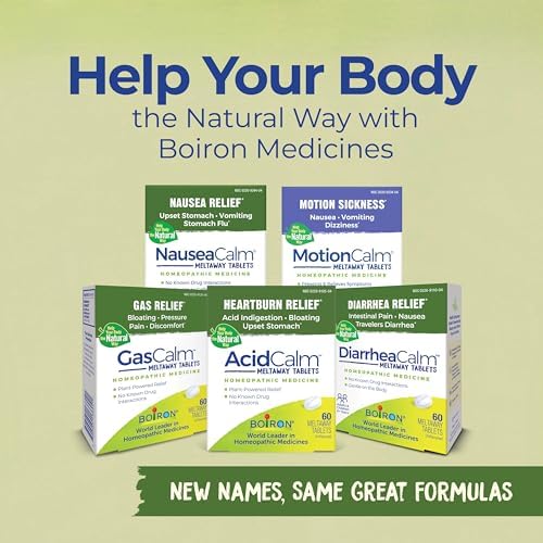 Boiron GasCalm 60 meltaway tablets packaging demonstrating portable stomach comfort solution.