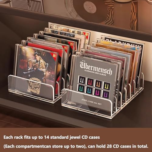Two pack transparent DVD storage rack filled with media cases on a shelf.