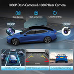 Haudio dual dash cam system highlighting the integrated front camera lens and rear backup camera connection