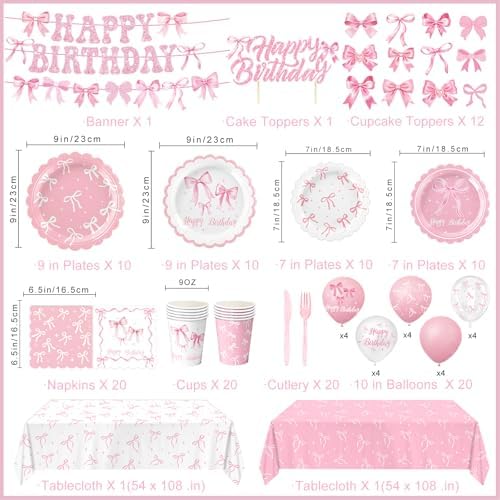 Detailed view of pink bow themed plates and napkins for birthday party