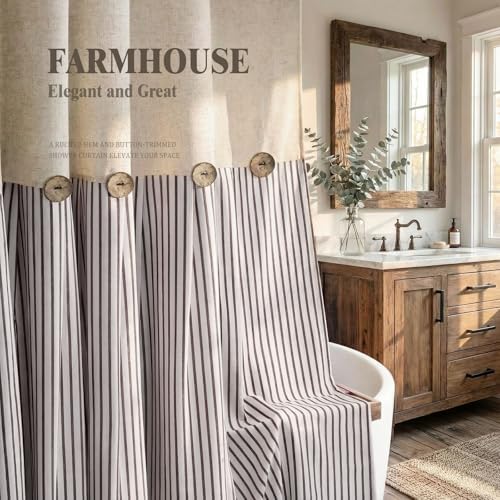 Awellife country western style beige and brown striped cotton linen blend shower curtain.