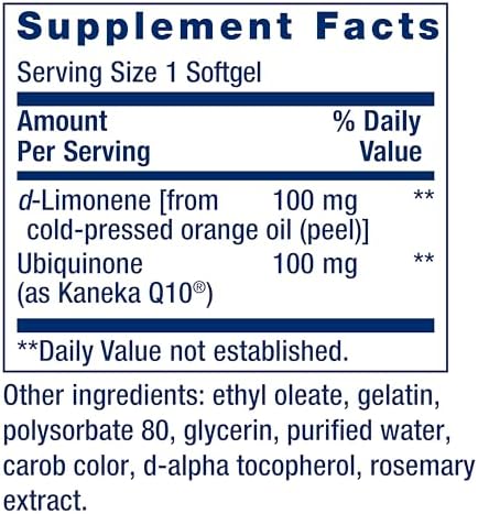 Supplement facts label of Life Extension CoQ10 with d-limonene.