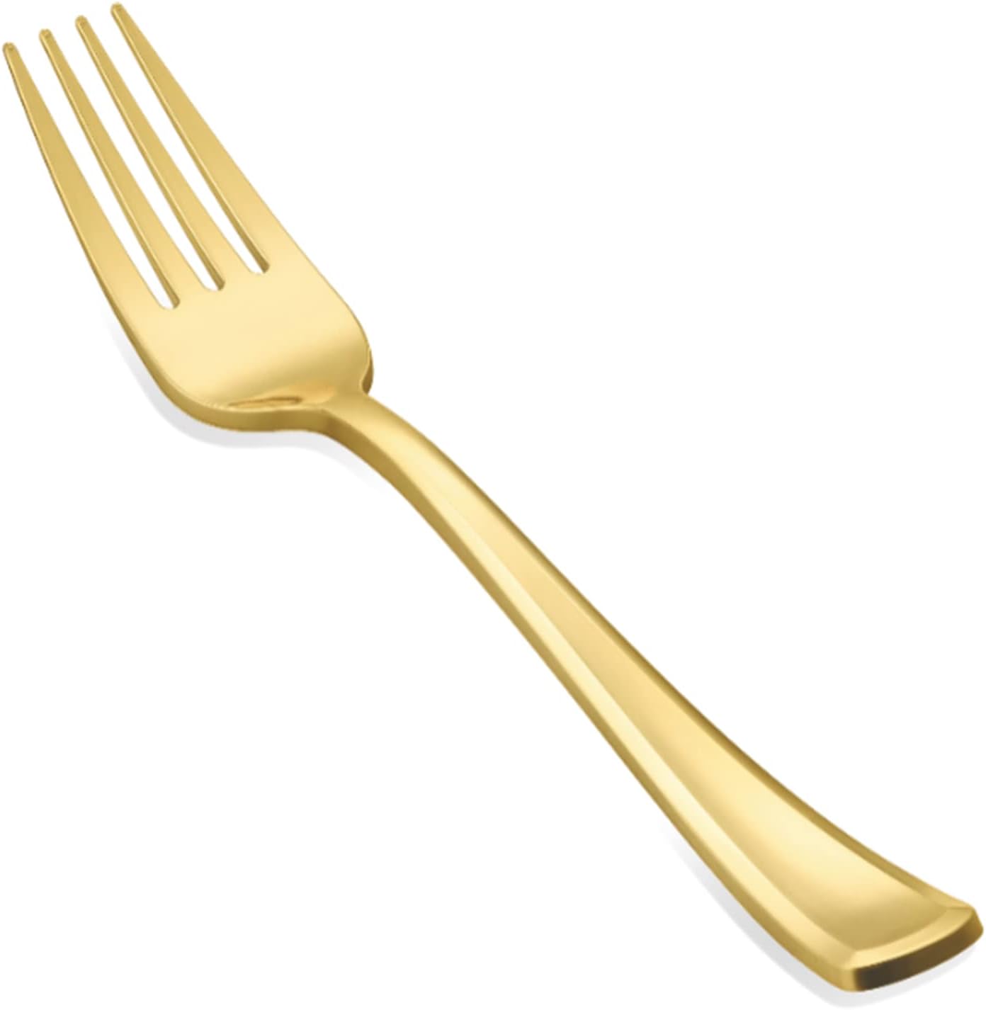 N9R Goodluck gold plastic forks front view for wedding table decor.