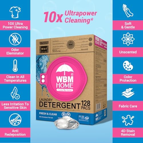 WBM fragrance free laundry detergent pods showing the 10x ultra power cleaning icon.