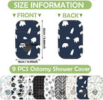 Assorted patterns of waterproof ostomy pouch covers for men and women.