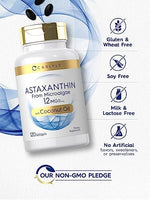 Back packaging of Carlyle Astaxanthin showing adult daily dosage directions and non-GMO seal.