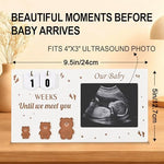 Bear themed ultrasound photo frame displaying a baby sonogram scan next to changeable countdown blocks.