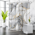 Detailed shot of the reinforced top header and metal grommets on the luxury silver gray watercolor shower curtain.