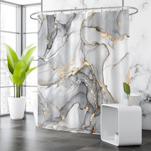 Detailed shot of the reinforced top header and metal grommets on the luxury silver gray watercolor shower curtain.