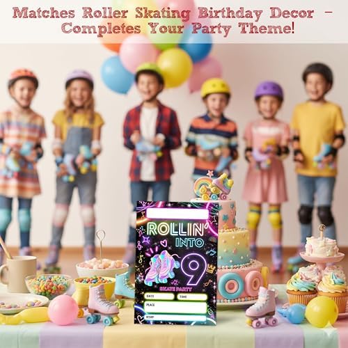 Complete twenty count pack of Sahjzk ninth birthday roller skate party invites