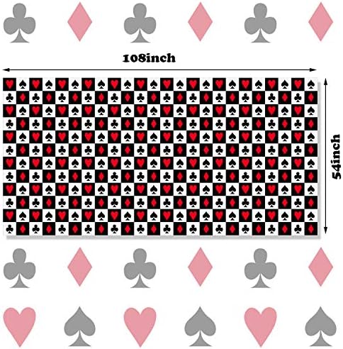 Two pack of Las Vegas theme plastic tablecloths unfolded on a large rectangular card game table.