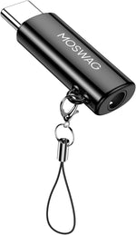 MOSWAG USB C to 3.5mm audio headphone adapter front view showing metallic zinc alloy finish