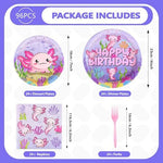 Close up of pink axolotl cartoon design on party plates