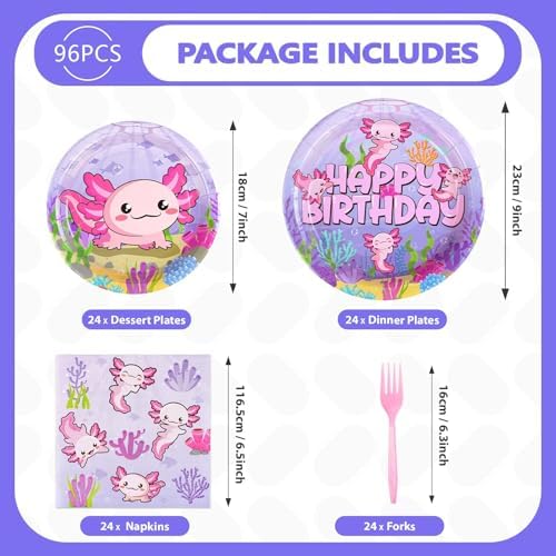 Close up of pink axolotl cartoon design on party plates