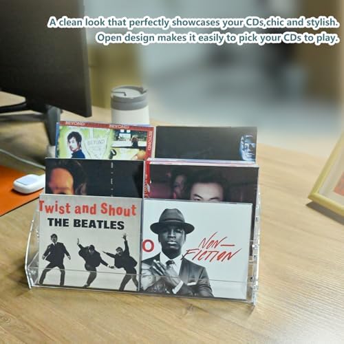 QHQhaven clear plastic shelf storage stand holding standard music jewel cases.