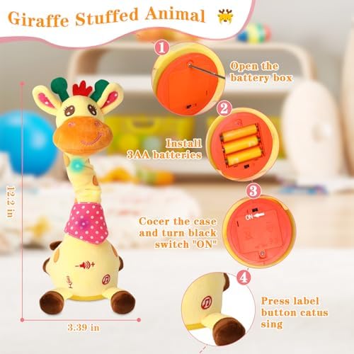 Toddler playing with LLUKEME talking stuffed giraffe