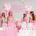 Full display of Qiyanpax 20 guest pink bow birthday party supplies