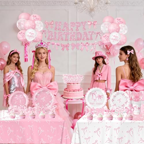 Full display of Qiyanpax 20 guest pink bow birthday party supplies