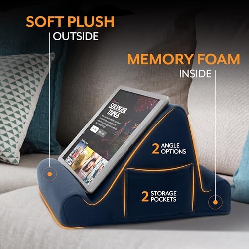 Brookstone memory foam stand being used with a Kindle e-reader for hands-free reading in bed.