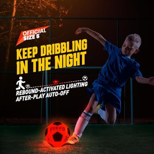 Impact activated glowing soccer ball showing the internal LED light distribution during evening training