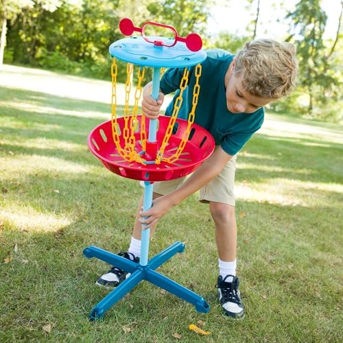 Kids playing with Chuckle And Roar indoor disc golf target